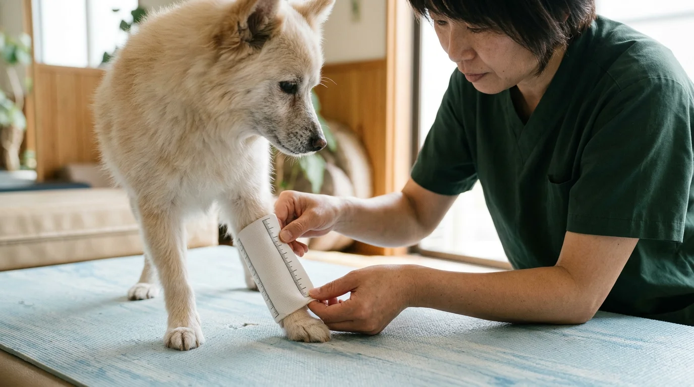 犬の後ろ足と背中の姿勢を確認する施術者の手元