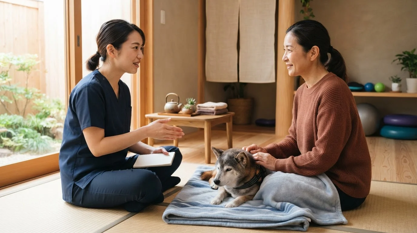 施術者が飼い主と犬の様子を見ながら相談している場面