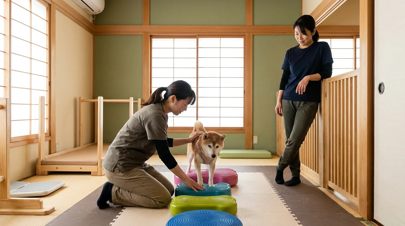 室内で小型犬がゆっくり歩行トレーニングをしている様子