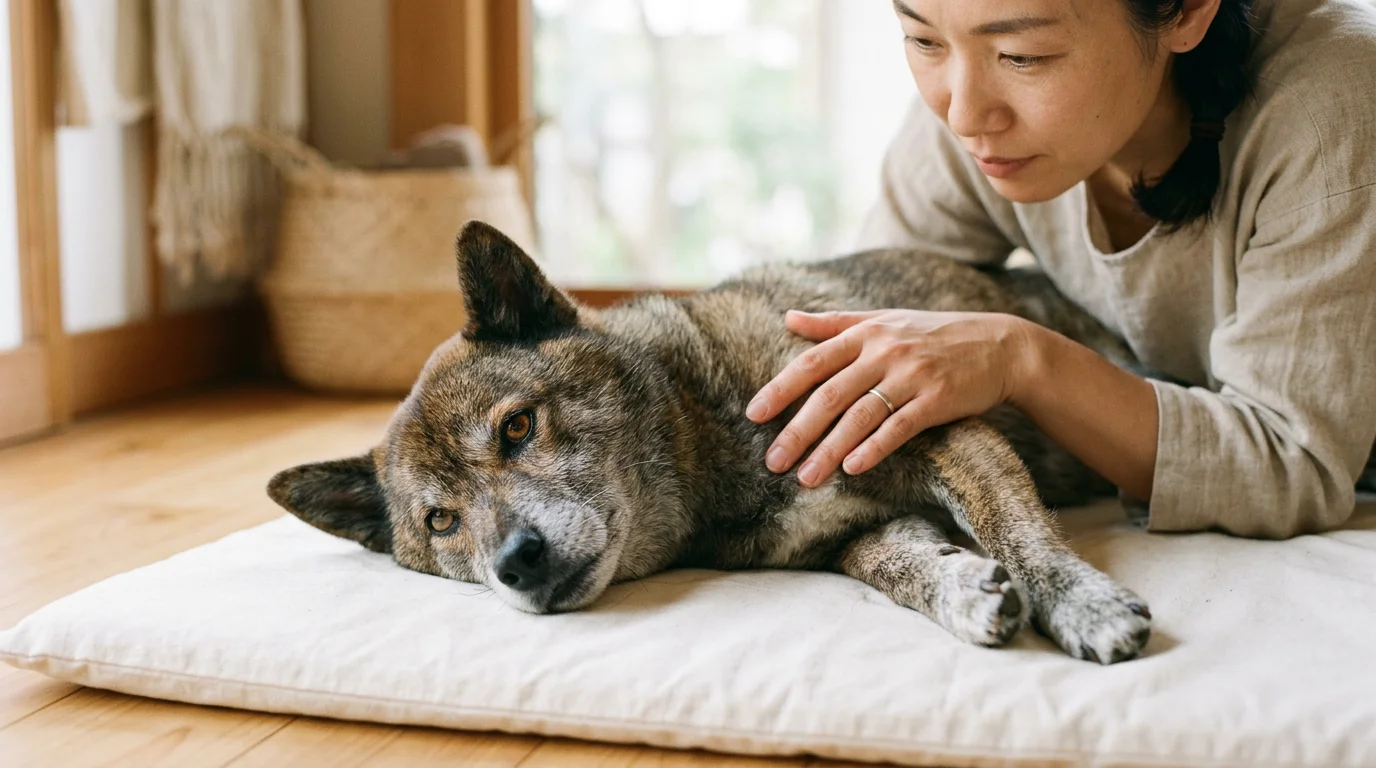 施術後に飼い主のそばで穏やかな表情を見せる犬