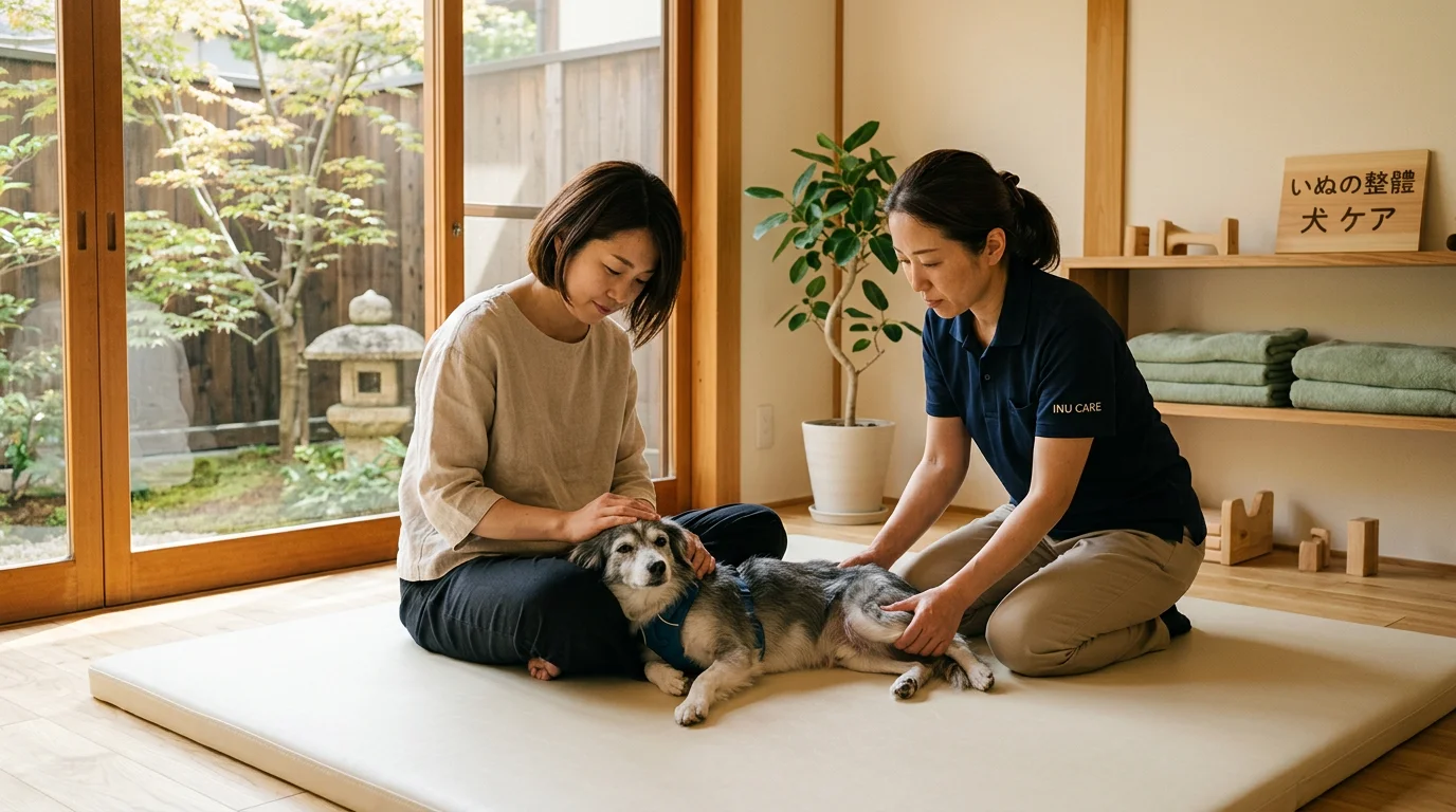 窓からの光が入る室内で、飼い主のそばに寄り添って伏せる小型犬