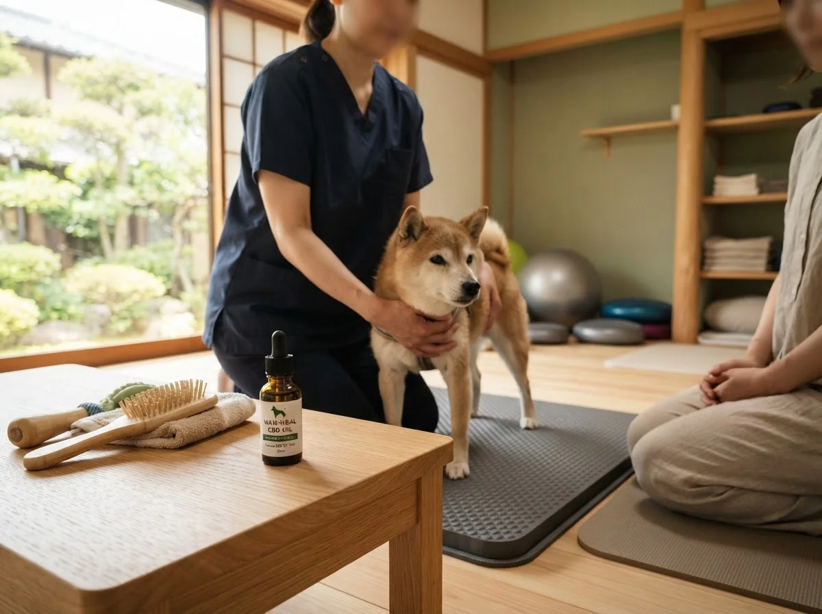 犬の背中を手のひらでゆっくり整える施術の様子